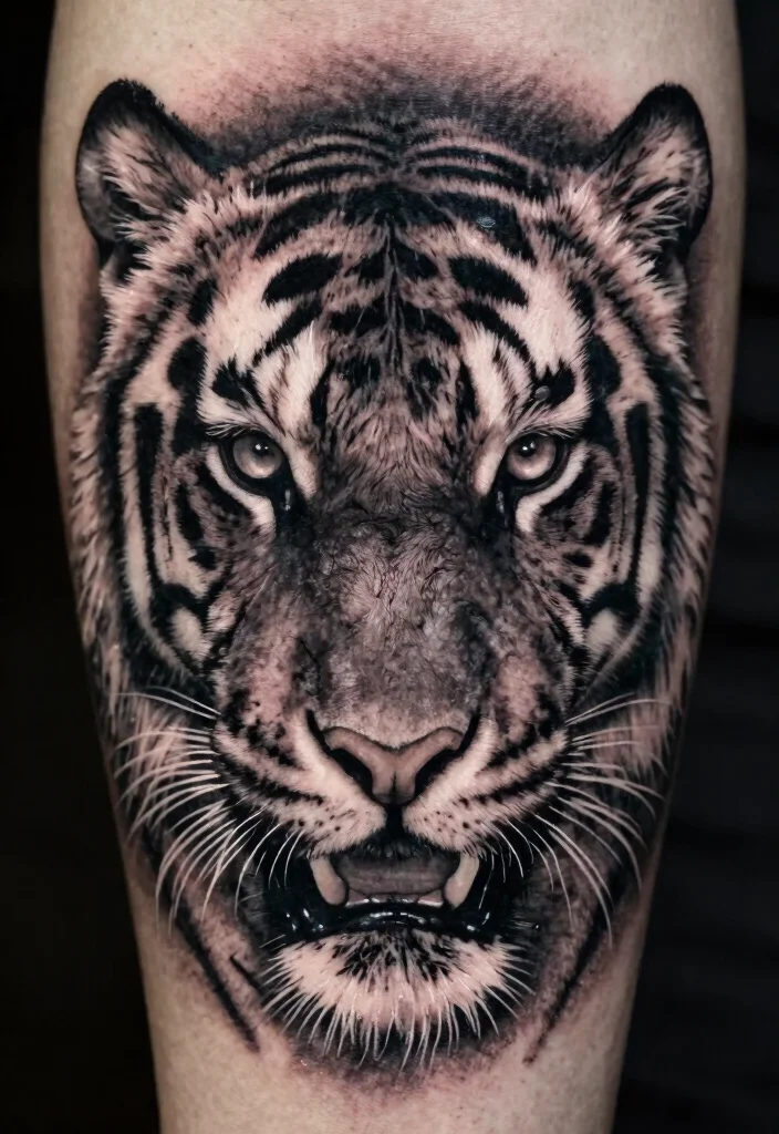 17 Half Tiger Face Tattoo Ideas With Bold Contrast - 4. Black and Gray Masterpiece 1