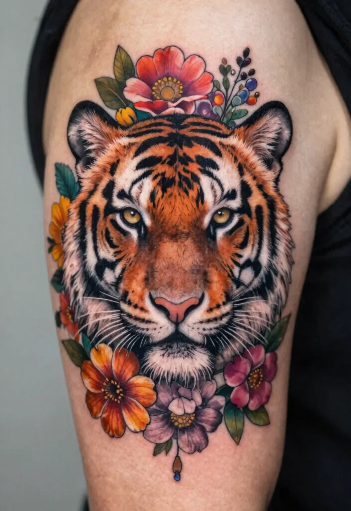 17 Half Tiger Face Tattoo Ideas With Bold Contrast - 5. Floral Elegance 1