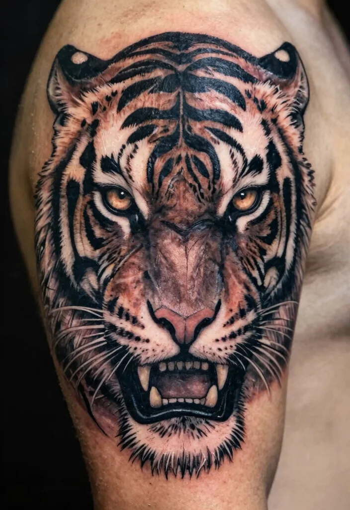 17 Half Tiger Face Tattoo Ideas With Bold Contrast - 6. Tribal Inspiration 1