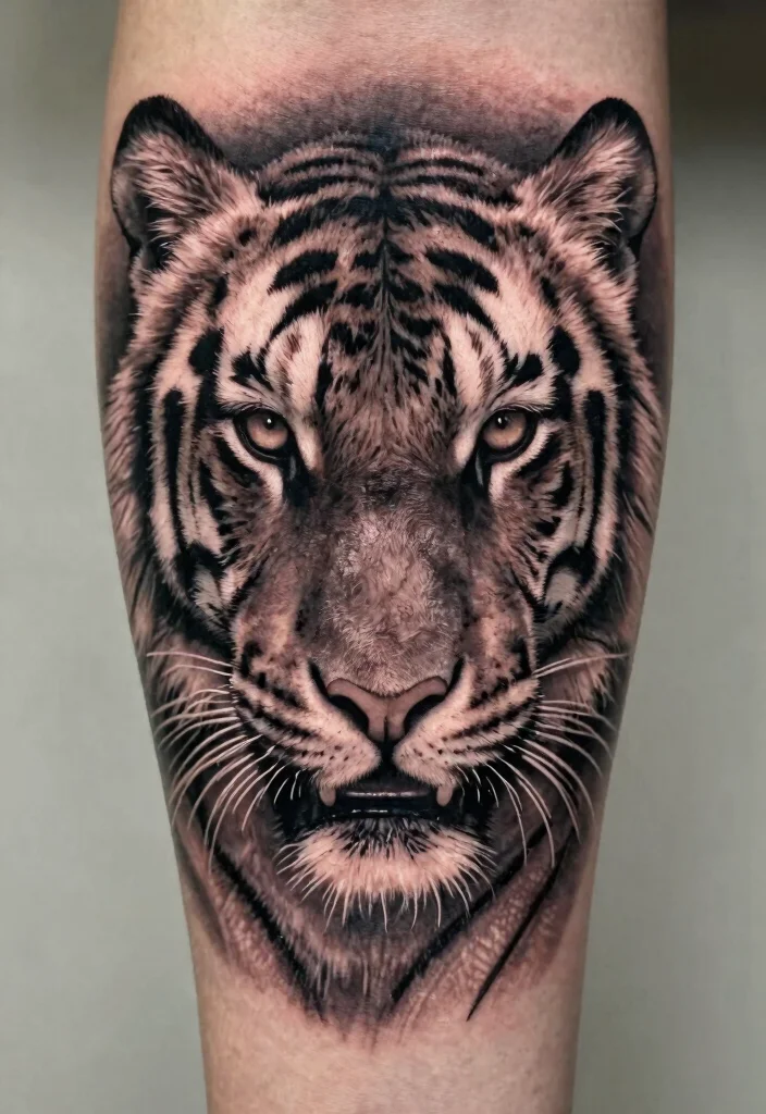 17 Half Tiger Face Tattoo Ideas With Bold Contrast - 7. Realistic Portrait 1
