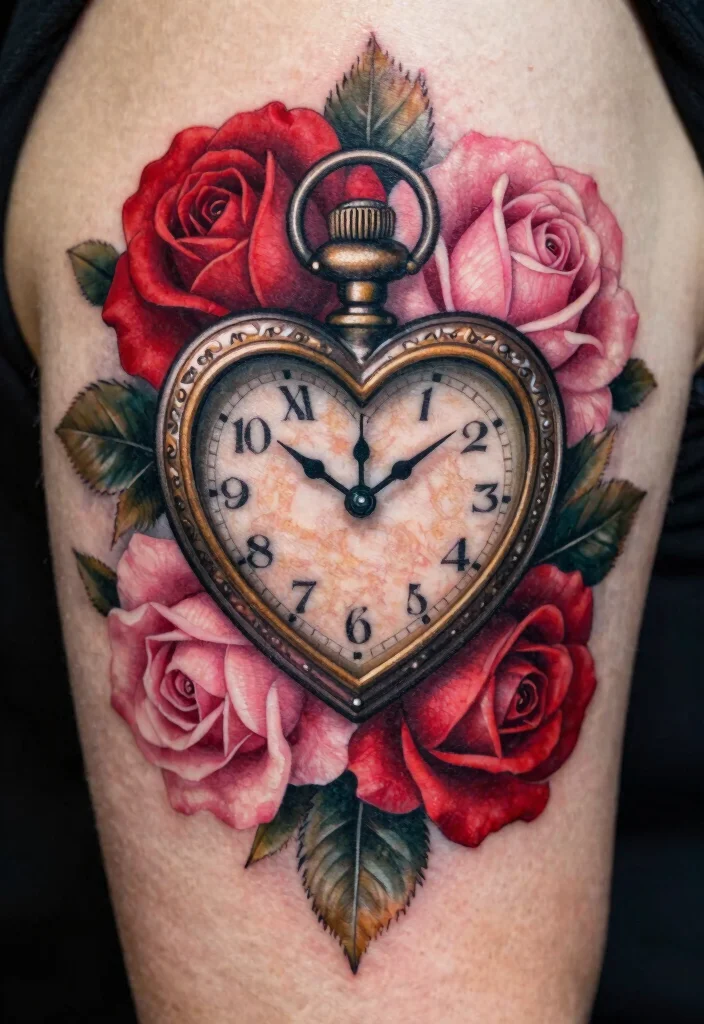 17 Heart Clock Tattoo Ideas With Deep Meaning - 1. Vintage Heart Clock with Roses 1