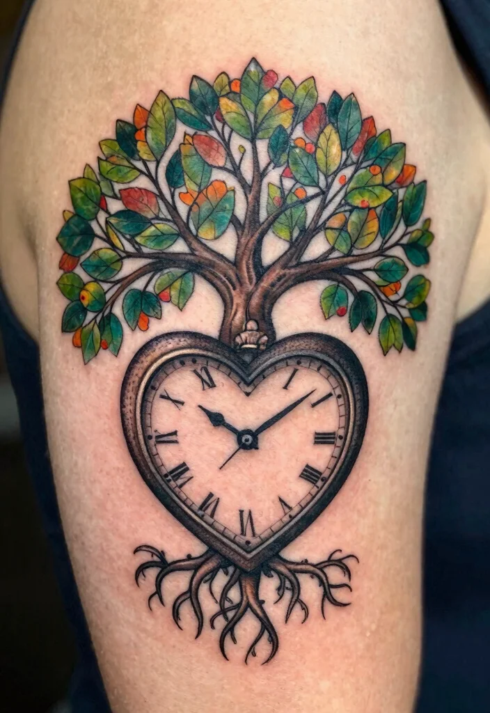 17 Heart Clock Tattoo Ideas With Deep Meaning - 10. Heart Clock with Tree of Life 1