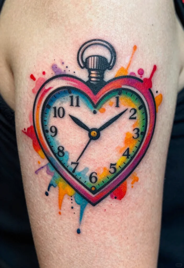 17 Heart Clock Tattoo Ideas With Deep Meaning - 11. Colorful Heart Clock 1