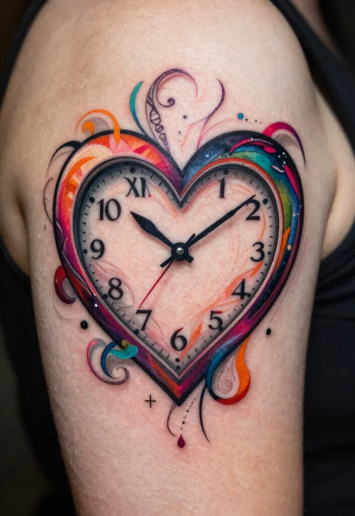17 Heart Clock Tattoo Ideas With Deep Meaning - 12. Artistic Heart Clock Design 1