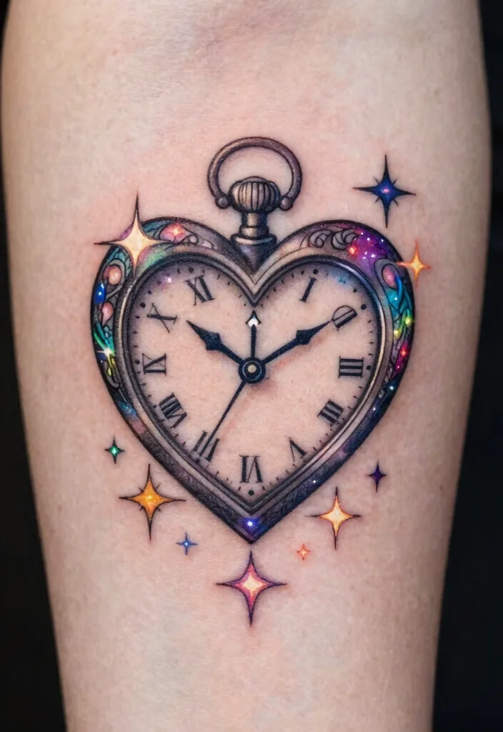 17 Heart Clock Tattoo Ideas With Deep Meaning - 13. Heart Clock with Stars 1