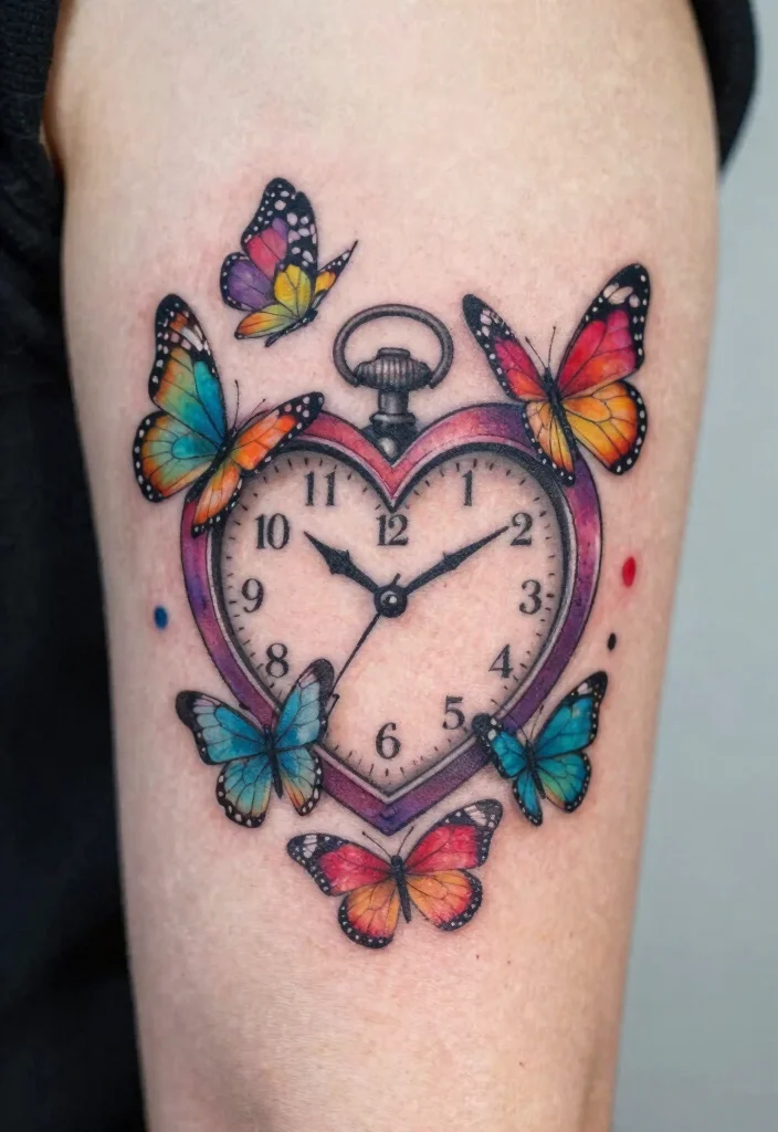 17 Heart Clock Tattoo Ideas With Deep Meaning - 14. Heart Clock with Butterfly 1