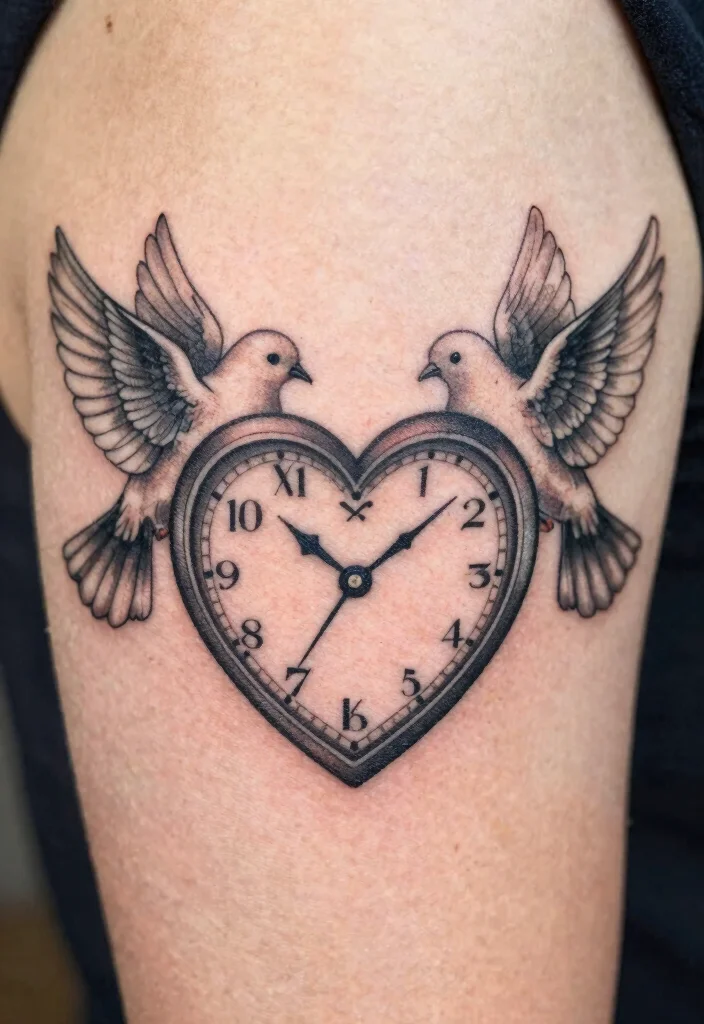 17 Heart Clock Tattoo Ideas With Deep Meaning - 15. Heart Clock with Doves 1