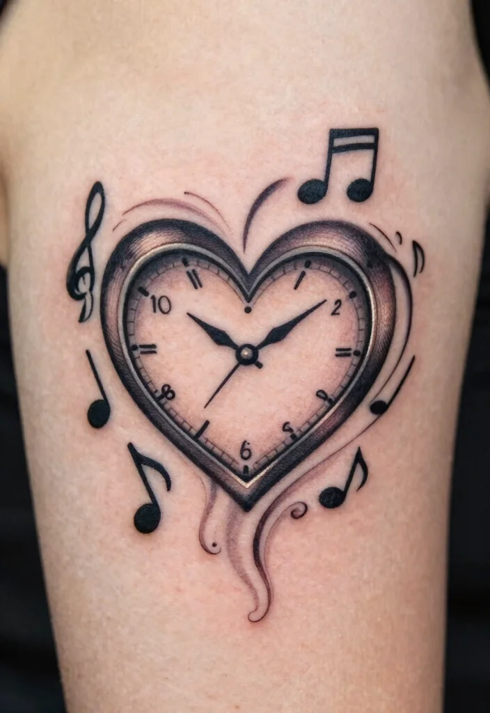 17 Heart Clock Tattoo Ideas With Deep Meaning - 16. Heart Clock with Music Notes 1