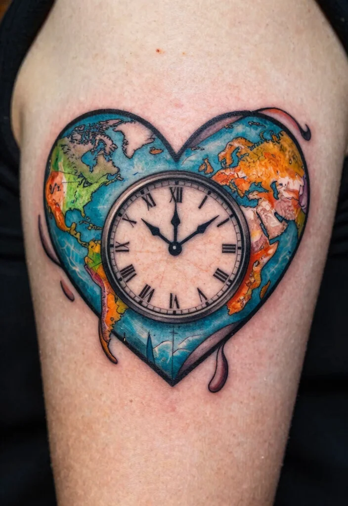 17 Heart Clock Tattoo Ideas With Deep Meaning - 17. Heart Clock with a Map 1