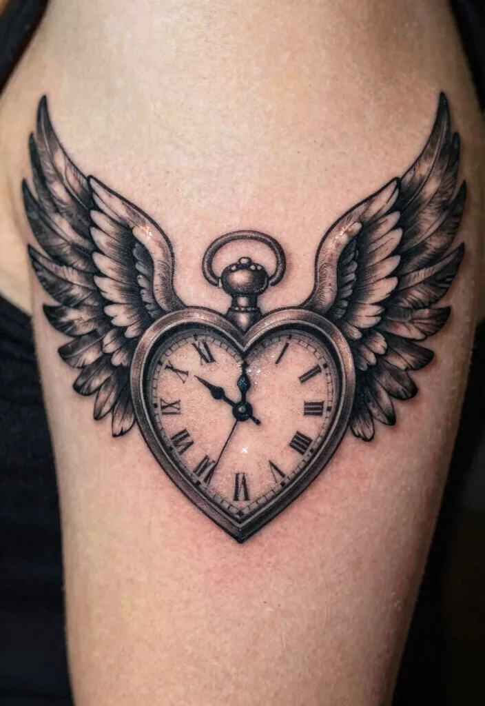 17 Heart Clock Tattoo Ideas With Deep Meaning - 2. Heart Clock with Wings 1