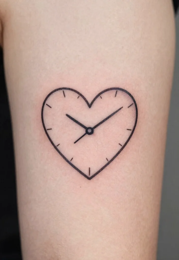 17 Heart Clock Tattoo Ideas With Deep Meaning - 3. Minimalist Heart Clock 1