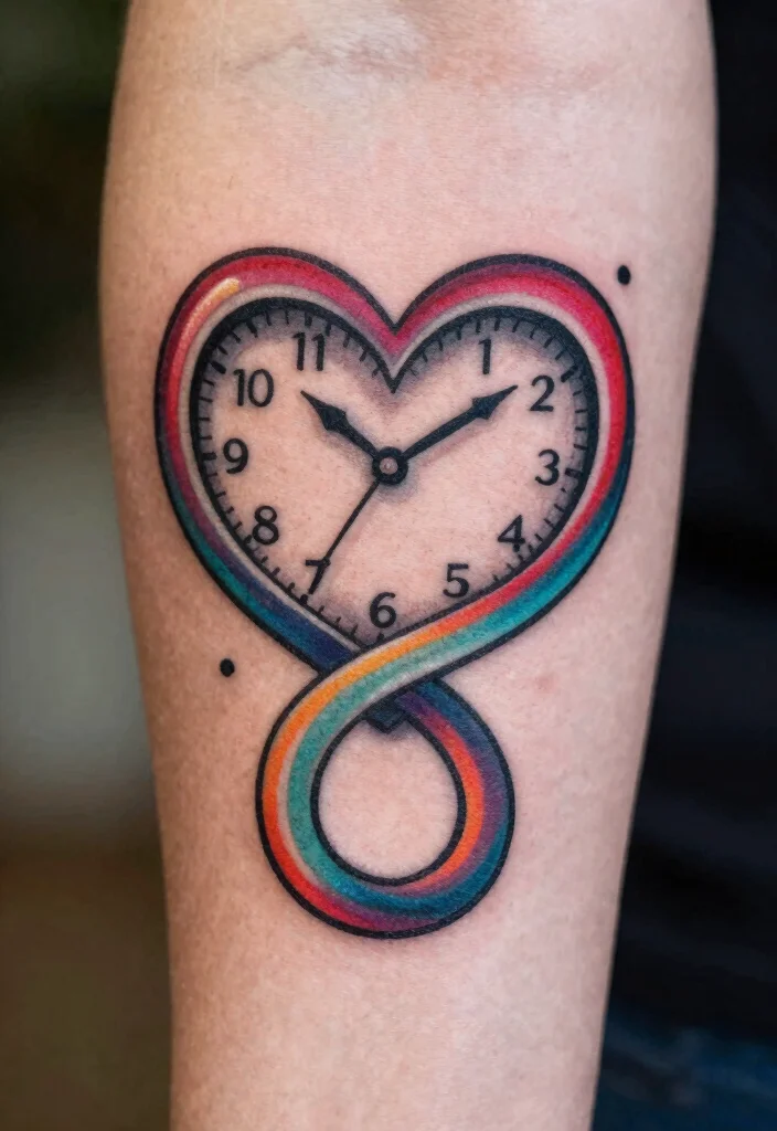 17 Heart Clock Tattoo Ideas With Deep Meaning - 4. Heart Clock with Infinity Symbol 1
