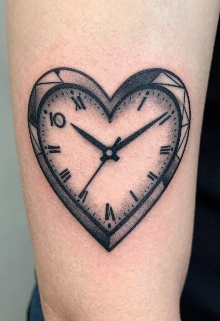 17 Heart Clock Tattoo Ideas With Deep Meaning - 5. Geometric Heart Clock 1