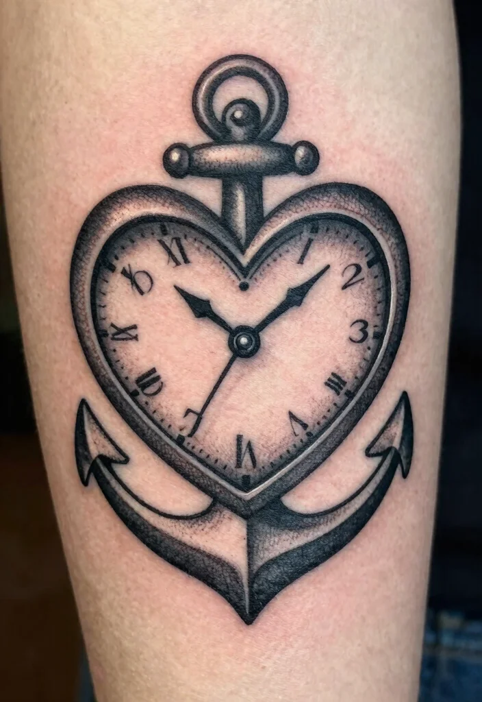 17 Heart Clock Tattoo Ideas With Deep Meaning - 6. Heart Clock with Anchor 1