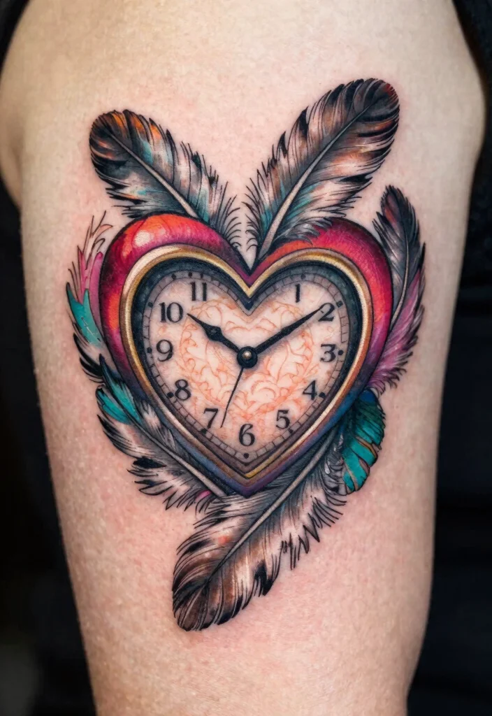 17 Heart Clock Tattoo Ideas With Deep Meaning - 7. Heart Clock with Feathers 1
