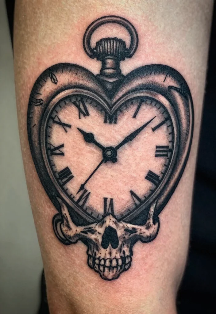 17 Heart Clock Tattoo Ideas With Deep Meaning - 8. Heart Clock with Skull 1