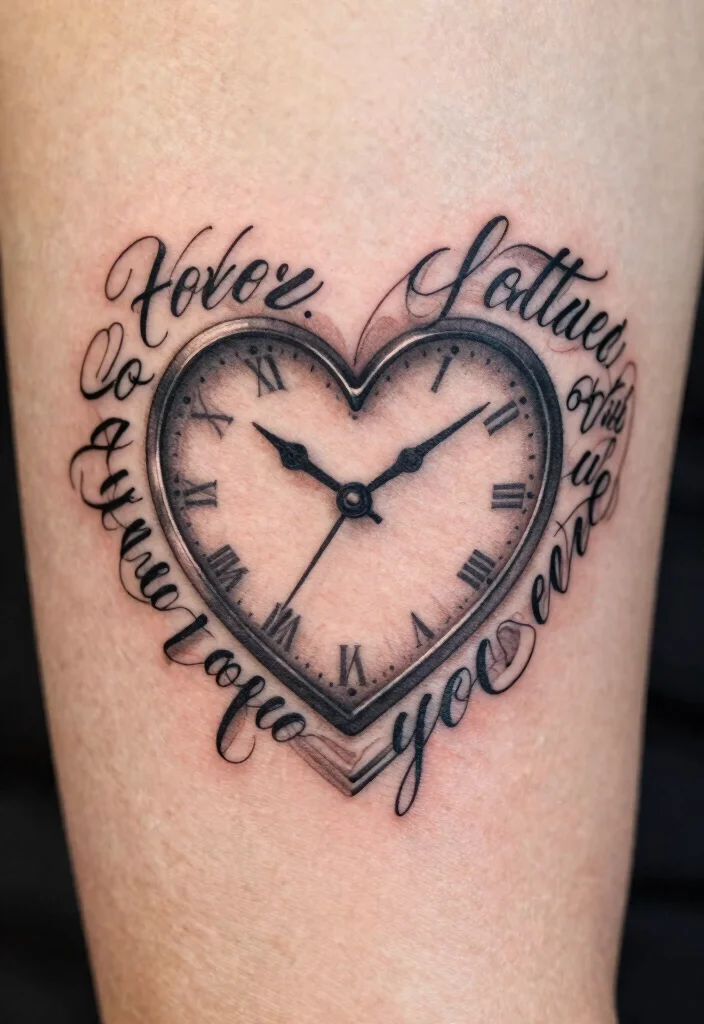 17 Heart Clock Tattoo Ideas With Deep Meaning - 9. Heart Clock with a Quote 1
