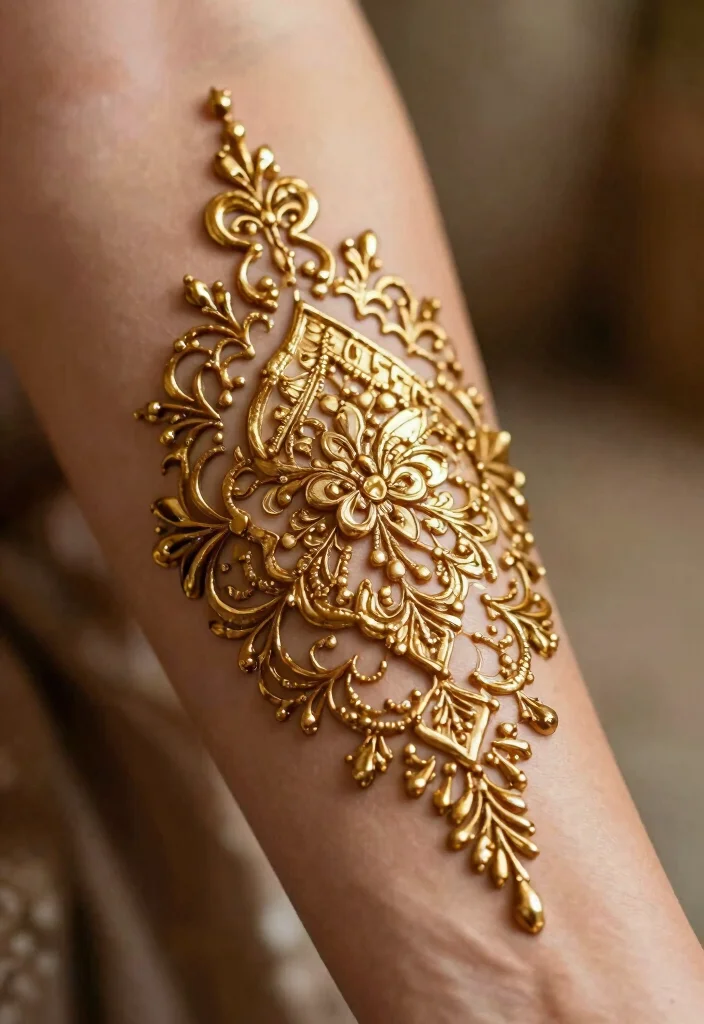 17 Henna Tattoo Arm Ideas With Intricate Patterns - 8. Touch of Gold 1
