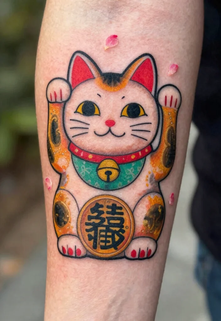 17 Japan Cat Tattoo Ideas With Cultural Charm - 1. Maneki Neko: The Fortune Cat 1