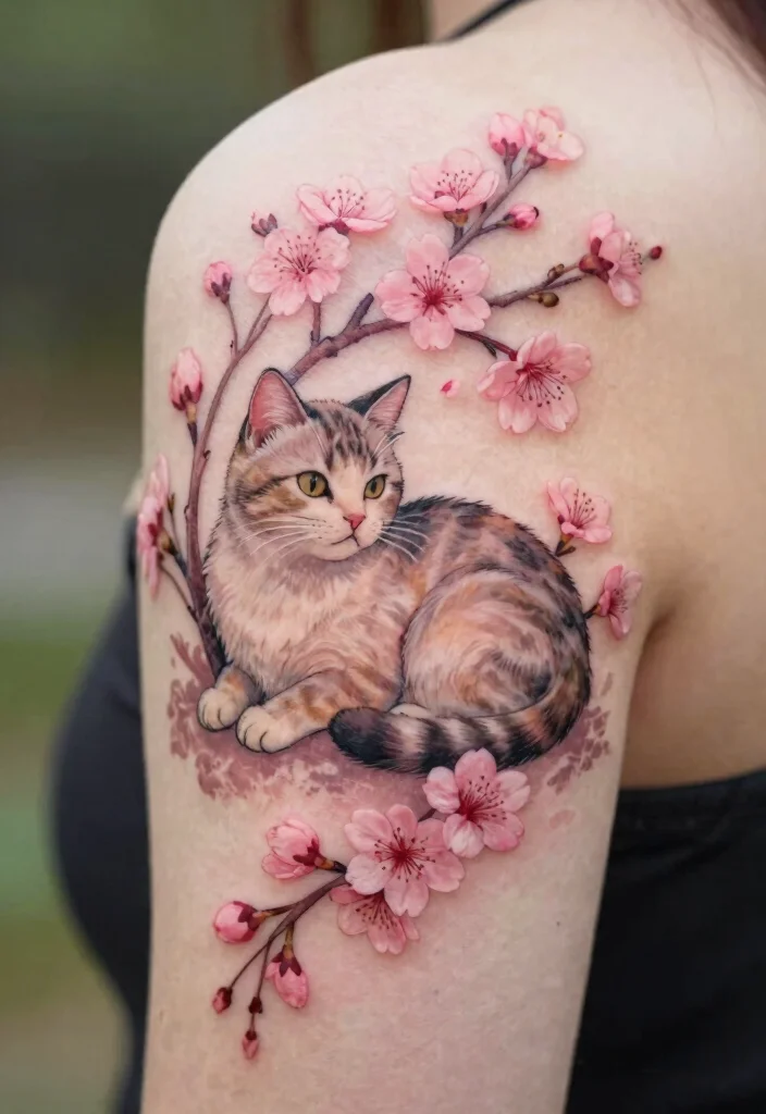 17 Japan Cat Tattoo Ideas With Cultural Charm - 11. Cat and Cherry Blossom: Nature’s Beauty 1
