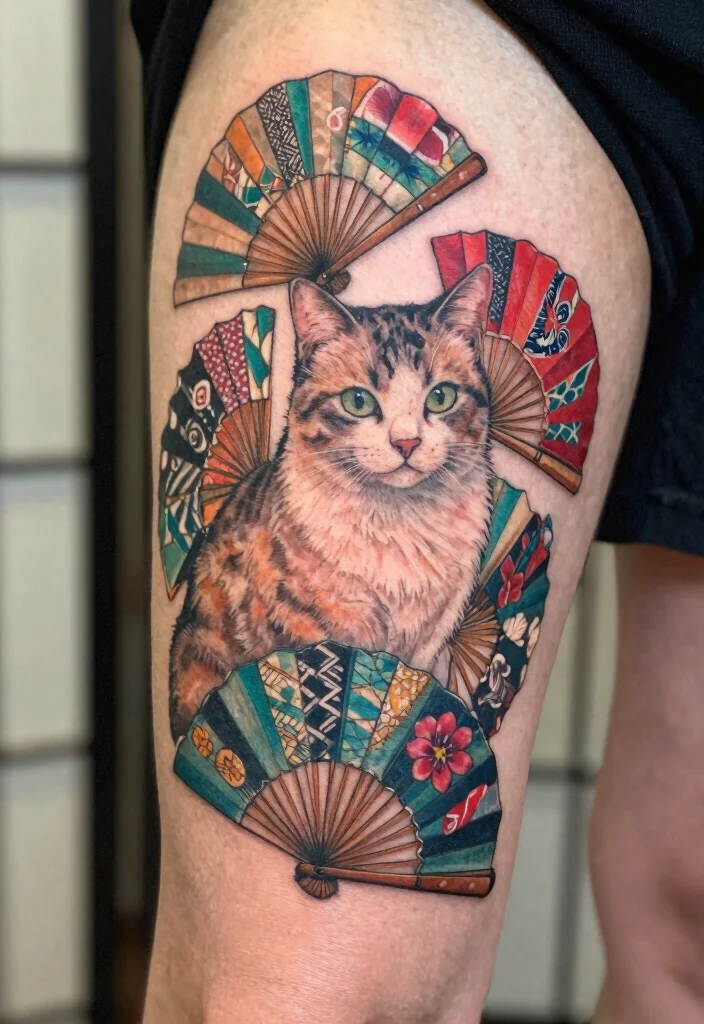 17 Japan Cat Tattoo Ideas With Cultural Charm - 12. Cat with Fans: A Cultural Nod 1