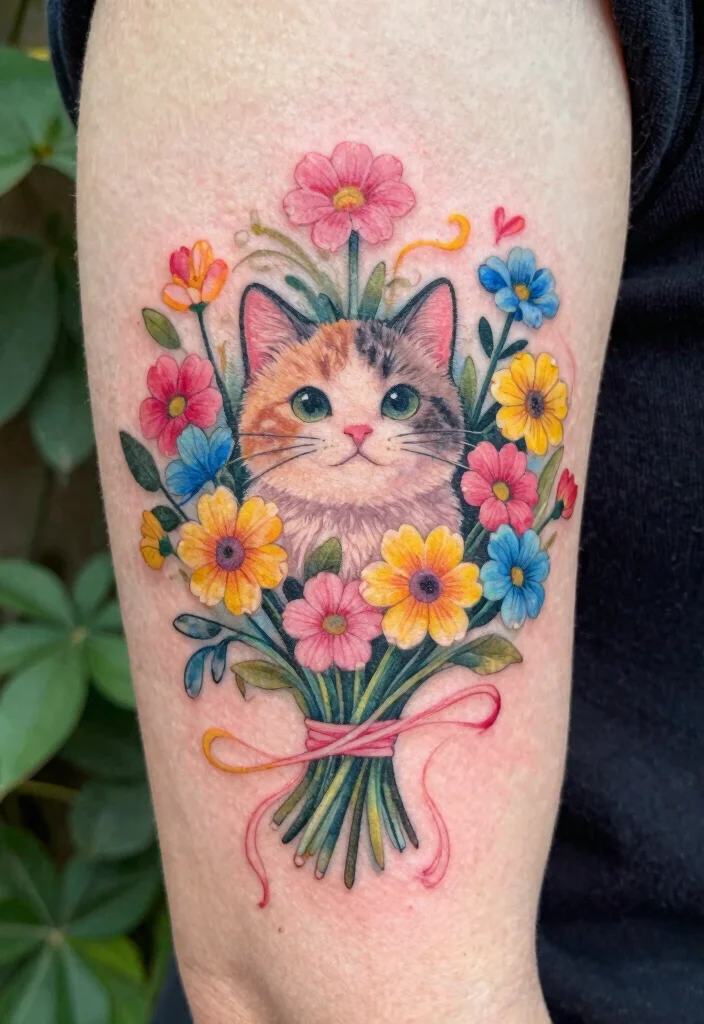 17 Japan Cat Tattoo Ideas With Cultural Charm - 13. Playful Cat with Flowers: A Floral Delight 1