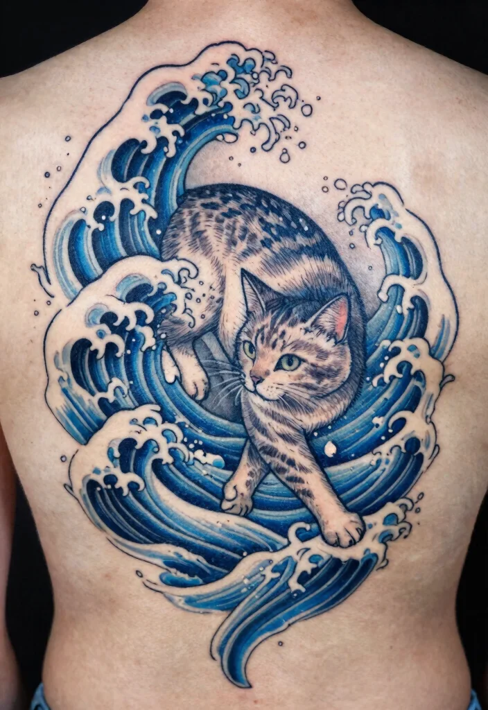 17 Japan Cat Tattoo Ideas With Cultural Charm - 14. Cat and Waves: A Symbol of Strength 1