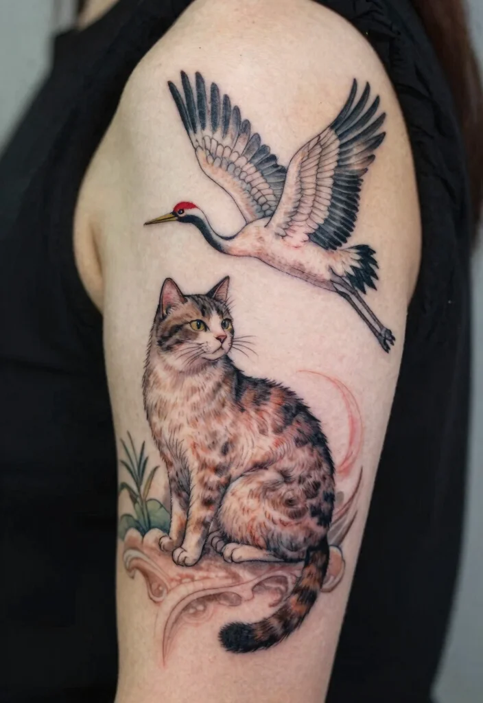 17 Japan Cat Tattoo Ideas With Cultural Charm - 15. Cat with Cranes: A Graceful Combination 1