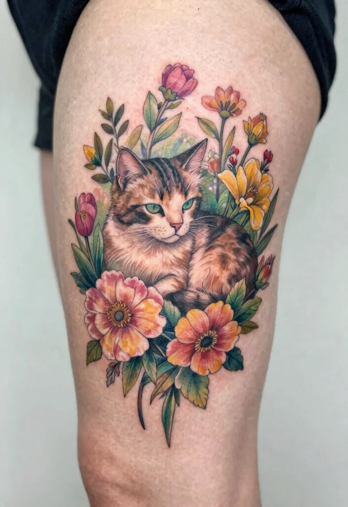 17 Japan Cat Tattoo Ideas With Cultural Charm - 16. Floral Cat: Nature’s Embrace 1