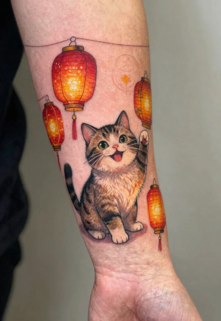 17 Japan Cat Tattoo Ideas With Cultural Charm - 17. Cat with Lanterns: A Symbol of Celebration 1