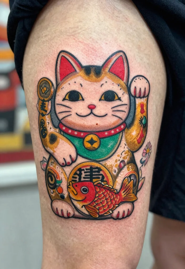 17 Japan Cat Tattoo Ideas With Cultural Charm - 4. The Lucky Cat: A Guardian Spirit 1
