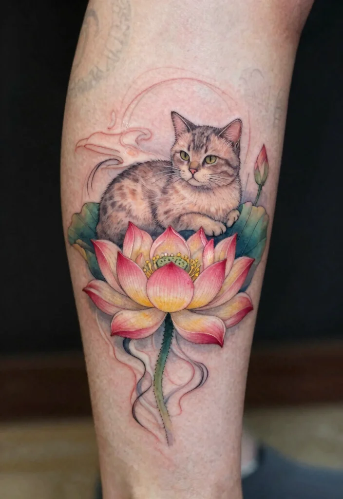 17 Japan Cat Tattoo Ideas With Cultural Charm - 6. Cat and Lotus: A Serene Combination 1