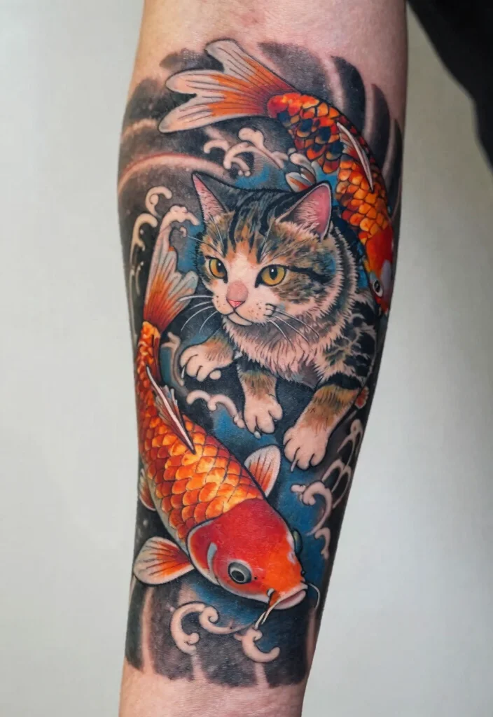 17 Japan Cat Tattoo Ideas With Cultural Charm - 7. Koi Cat Tattoos: A Unique Fusion 1