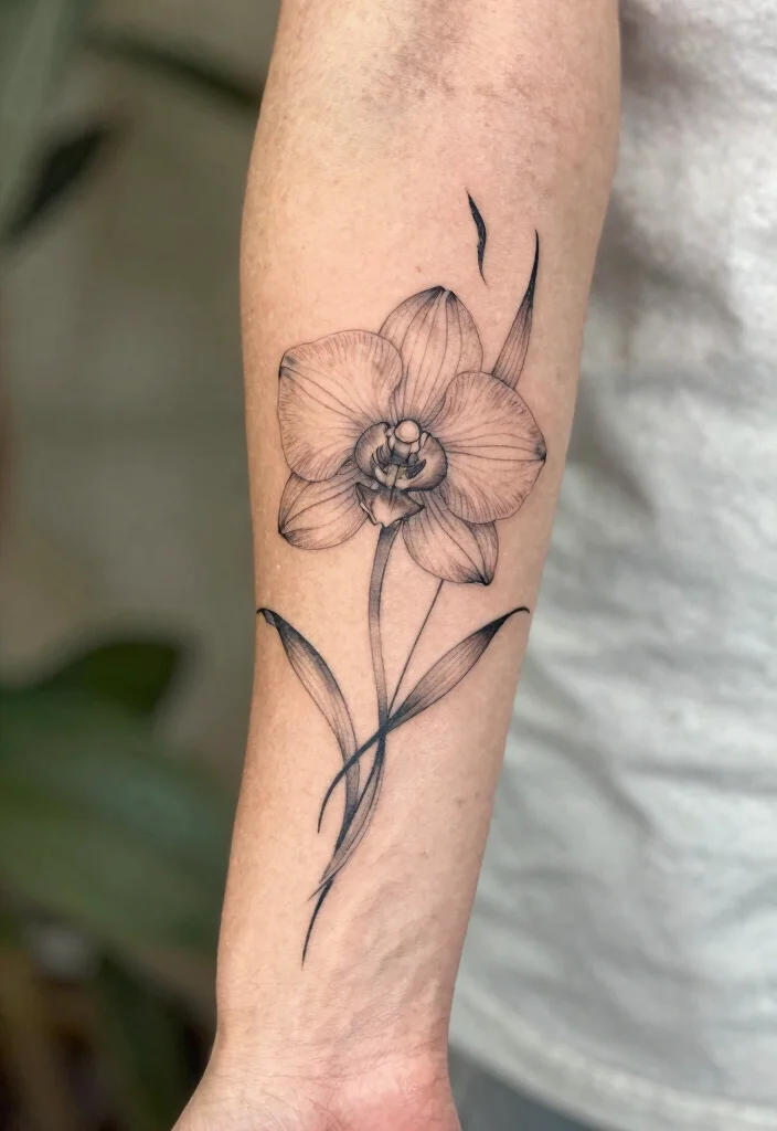 17 Orchid Flower Tattoo Ideas With Exotic Elegance - 10. Continuous Line Orchid Tattoos 1