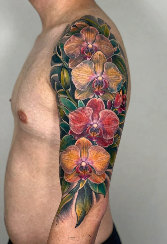 17 Orchid Flower Tattoo Ideas With Exotic Elegance - 15. Floral Half Sleeve Designs 1