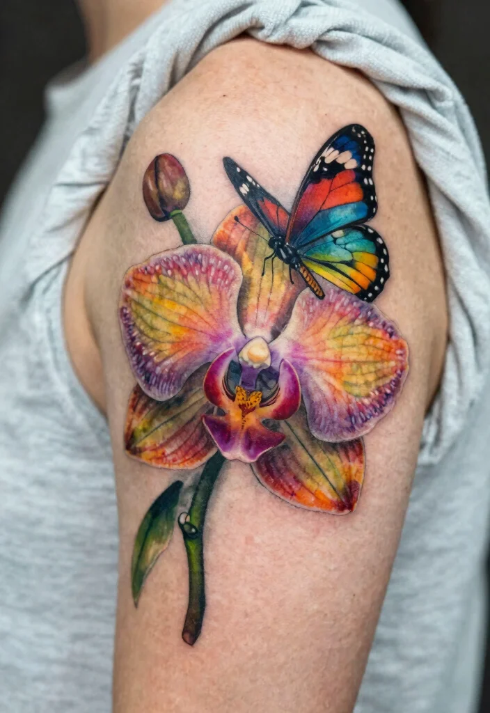 17 Orchid Flower Tattoo Ideas With Exotic Elegance - 7. Orchid and Butterfly Combination 1