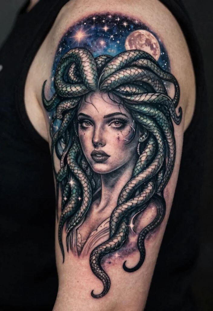 17 Realistic Medusa Tattoo Ideas With Stunning Detail - 13. Medusa with Celestial Elements 1