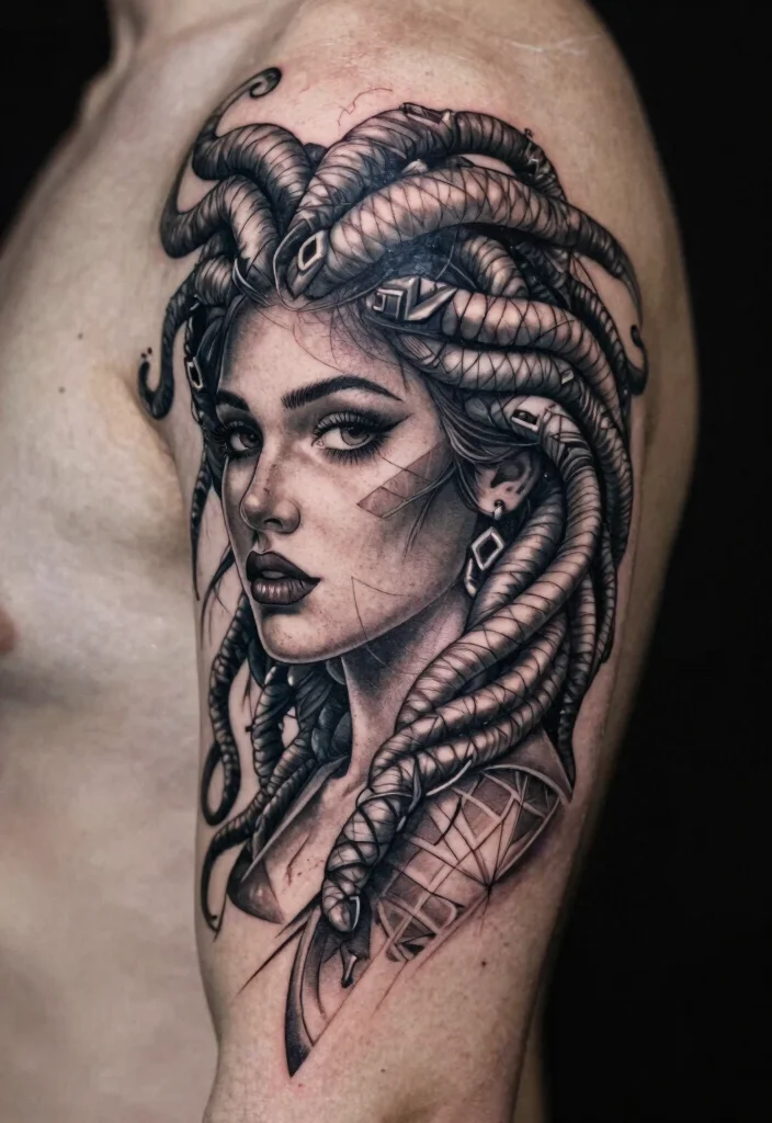 17 Realistic Medusa Tattoo Ideas With Stunning Detail - 16. Medusa with Geometric Patterns 1
