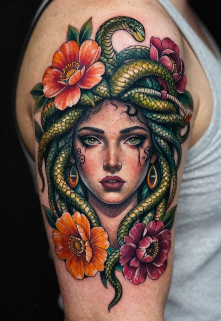 17 Realistic Medusa Tattoo Ideas With Stunning Detail - 3. Medusa with Floral Accents 1