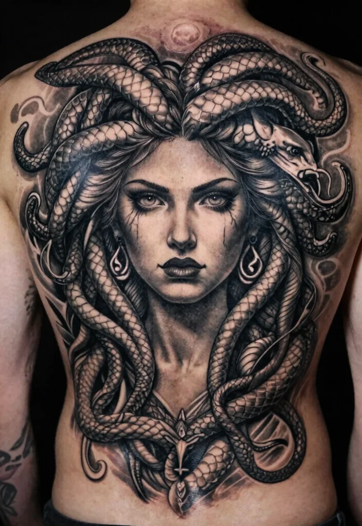 17 Realistic Medusa Tattoo Ideas With Stunning Detail - 6. Full-Back Medusa Tattoo 1