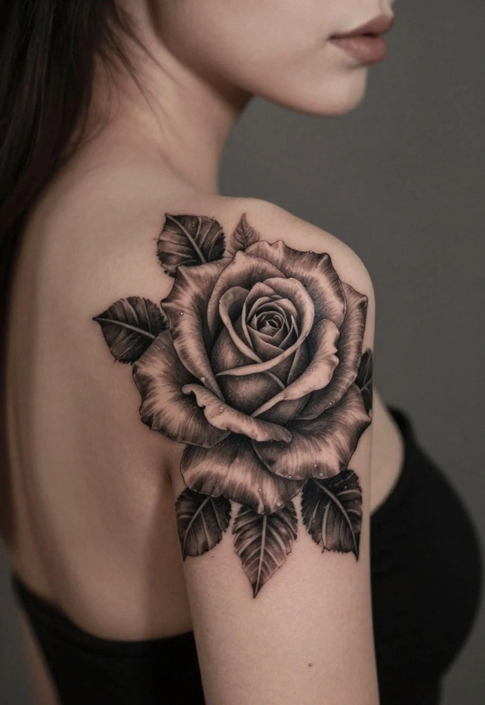17 Rose Tattoo Ideas That Never Go Out of Style - 10. Black and Gray Rose Tattoo 1