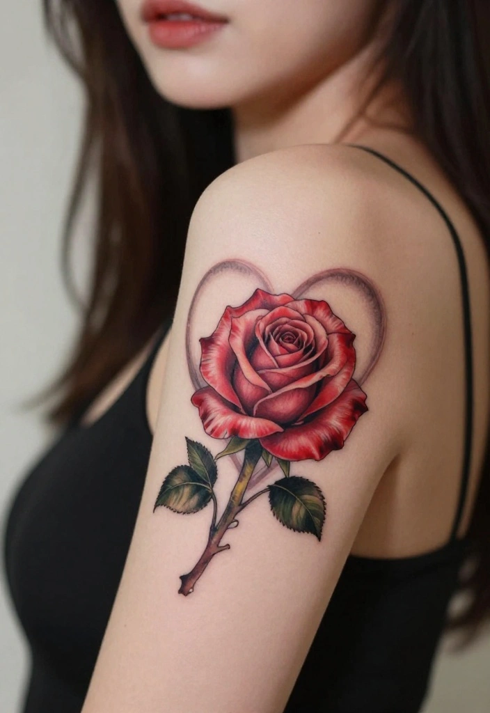 17 Rose Tattoo Ideas That Never Go Out of Style - 14. Rose with a Heart 1