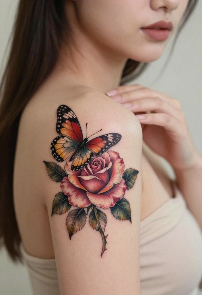17 Rose Tattoo Ideas That Never Go Out of Style - 15. Rose and Butterfly Tattoo 1