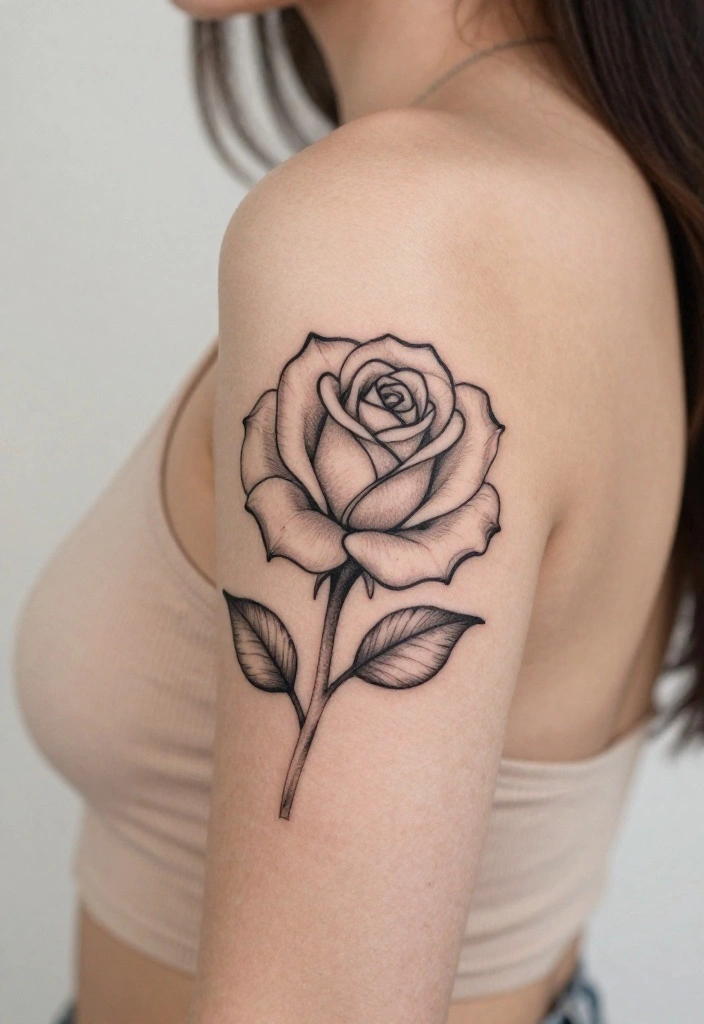 17 Rose Tattoo Ideas That Never Go Out of Style - 5. Outline-Only Rose Tattoo 1