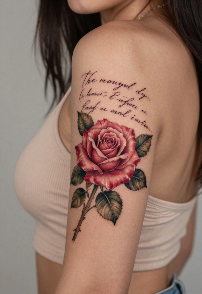 17 Rose Tattoo Ideas That Never Go Out of Style - 6. Rose and Quote Combination 1