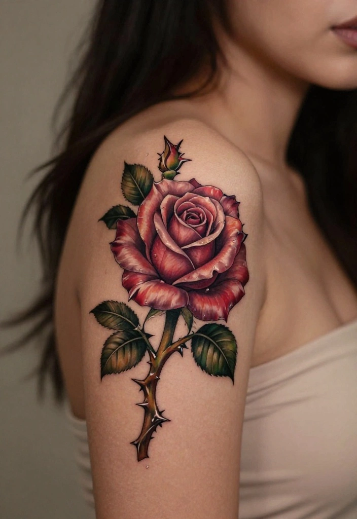 17 Rose Tattoo Ideas That Never Go Out of Style - 9. Rose with Thorns 1