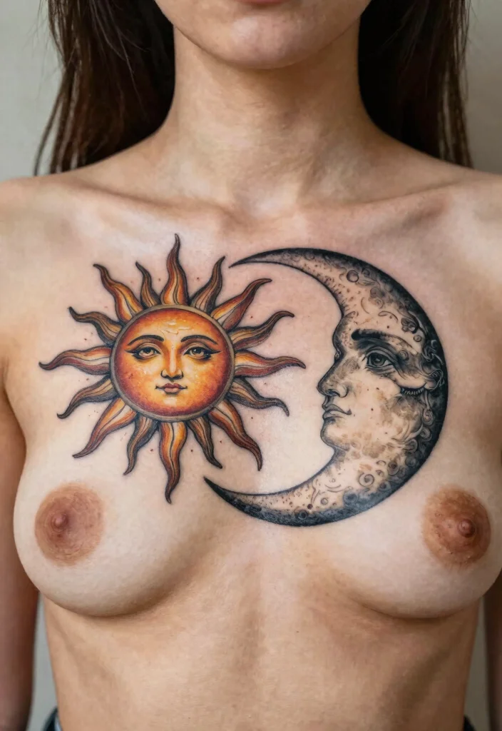 17 Sternum Tattoo Ideas With Bold Center Placement - 13. Sun and Moon 1