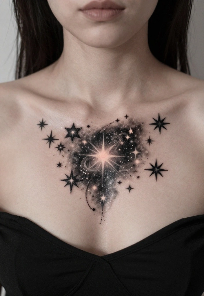 17 Sternum Tattoo Ideas With Bold Center Placement - 14. Star Clusters 1