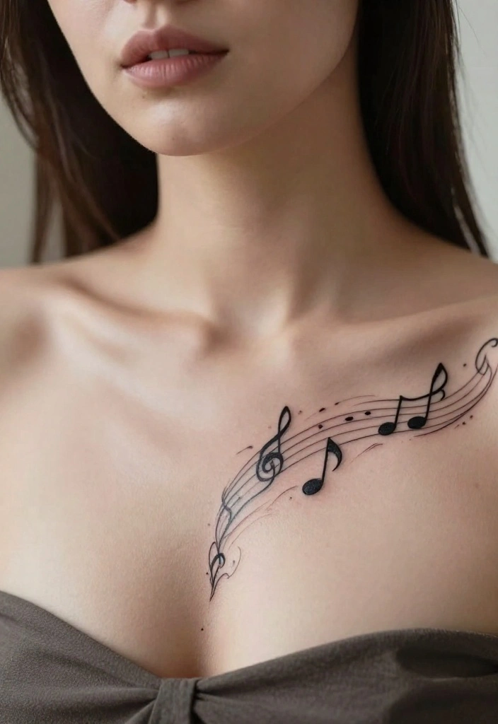 17 Sternum Tattoo Ideas With Bold Center Placement - 15. Music Notes 1