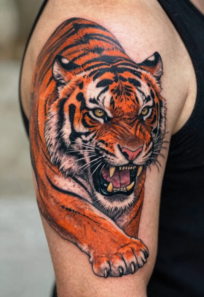 18 Asian Tiger Tattoo Ideas With Fierce Power - 1. Majestic Roaring Tiger 1